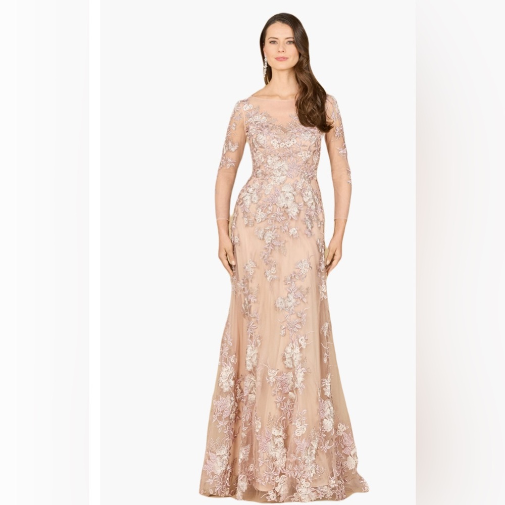 LARA New York Embroidered Floral Long Sleeves Beaded Crystal Maxi Gown Dress